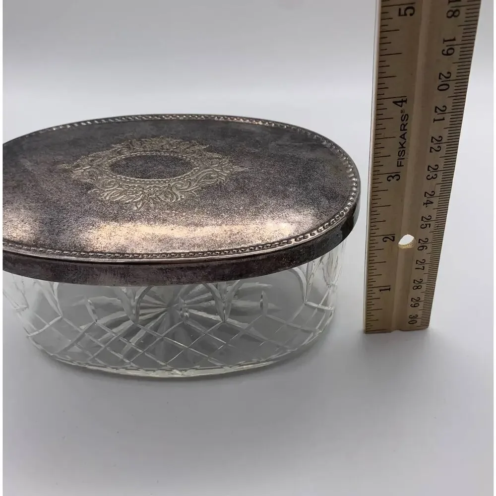 Vintage Andrea by Sadek Glass Dresser Bathroom Storage jars w/ Silverplate cover
